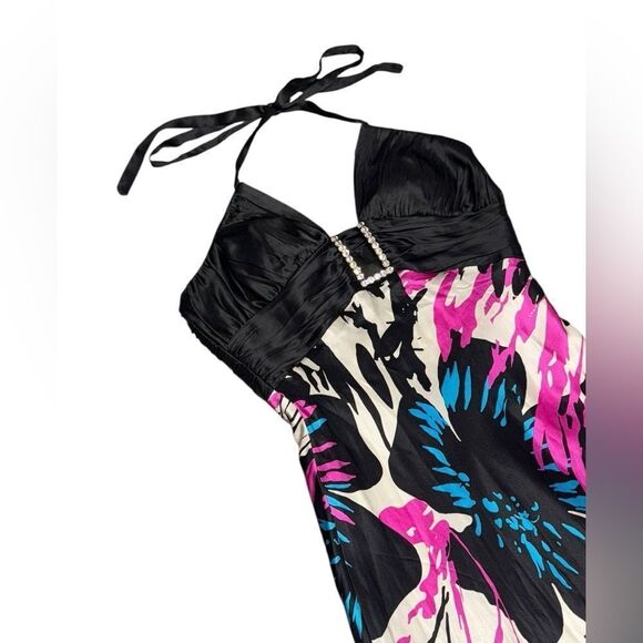 women’s CACHE colorful floral v neck halter fit & flare SILK maxi gown size 6 - Picture 2 of 8